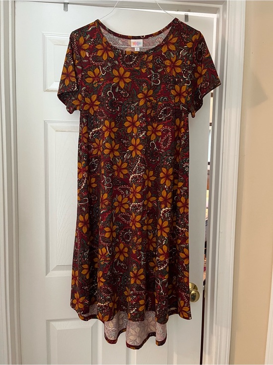 LuLaRoe Dresses & Skirts - Floral Short-Sleeve Swing Dress in Burgundy and Mustard